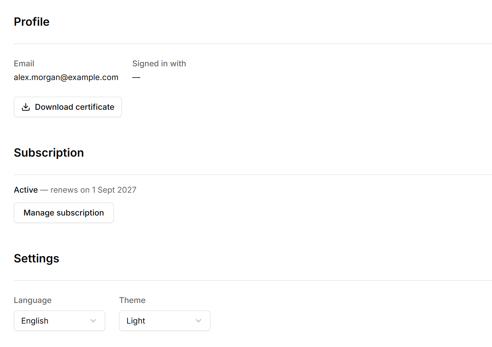 The Account page: profile, subscription status and the language and theme settings