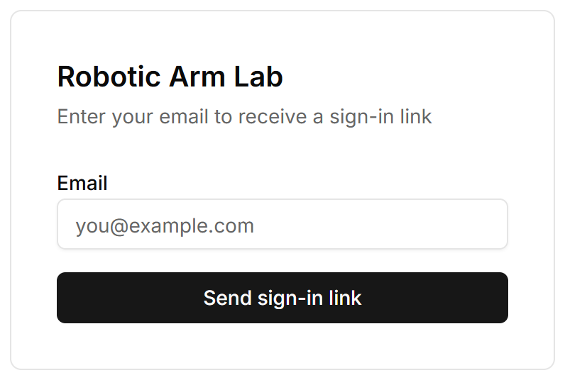 The Robonine Lab sign-in screen: an email field with a Send sign-in link button