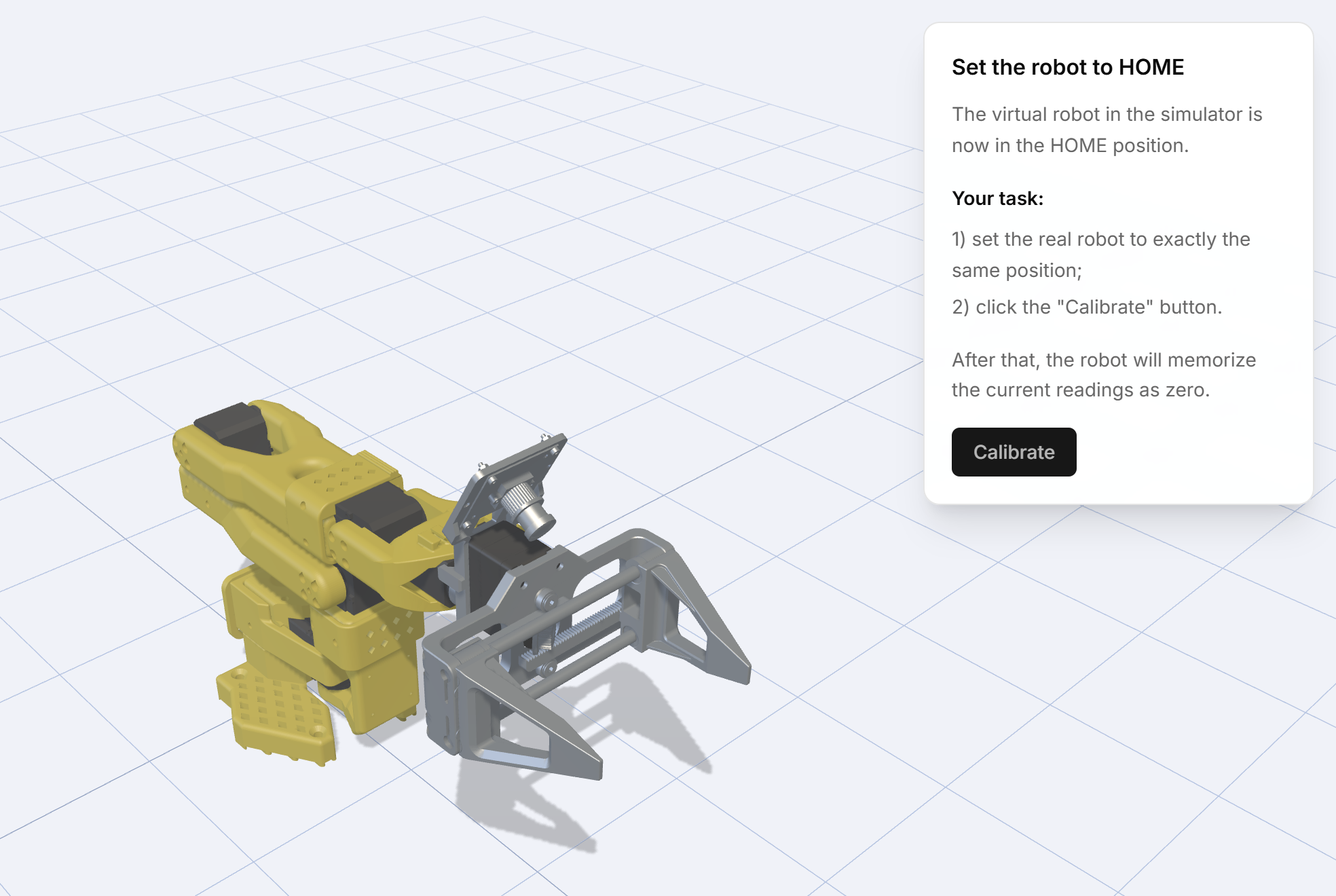 Module 3 calibration step: the HOME pose shown in the 3D view and the Calibrate button