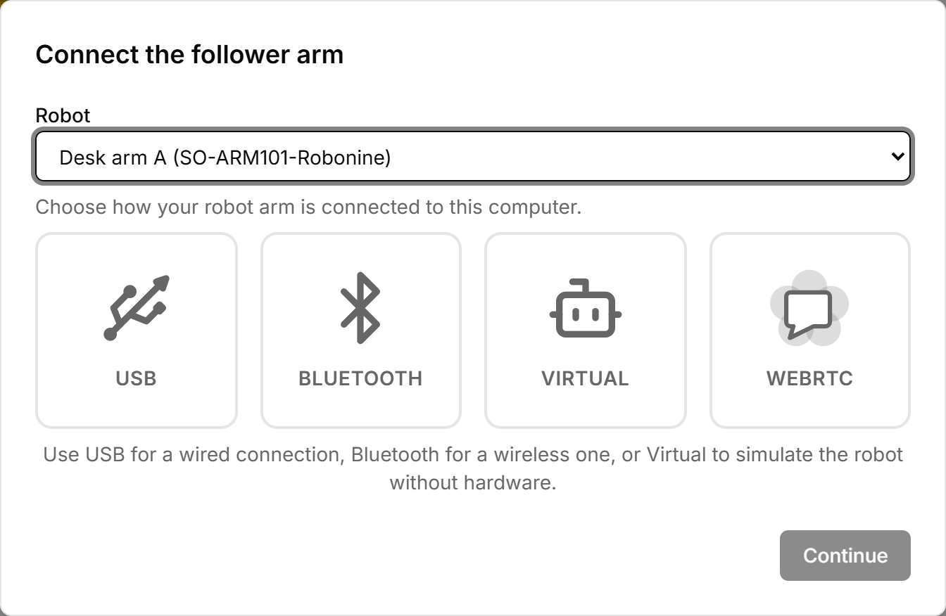 The Connect your robot dialog with the USB, Bluetooth, Virtual and WebRTC options