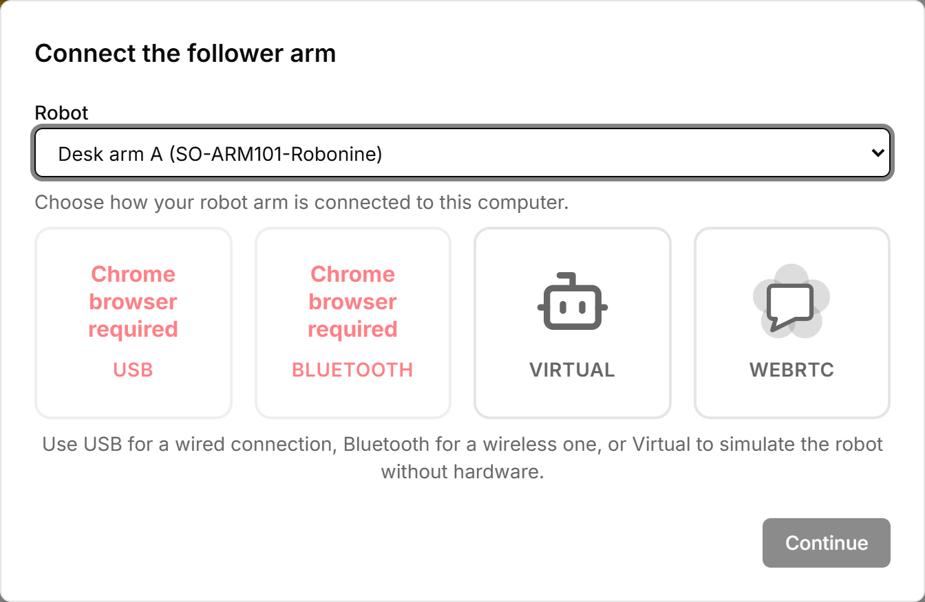 The connection dialog in a browser without Web Serial: USB and Bluetooth marked Chrome browser required