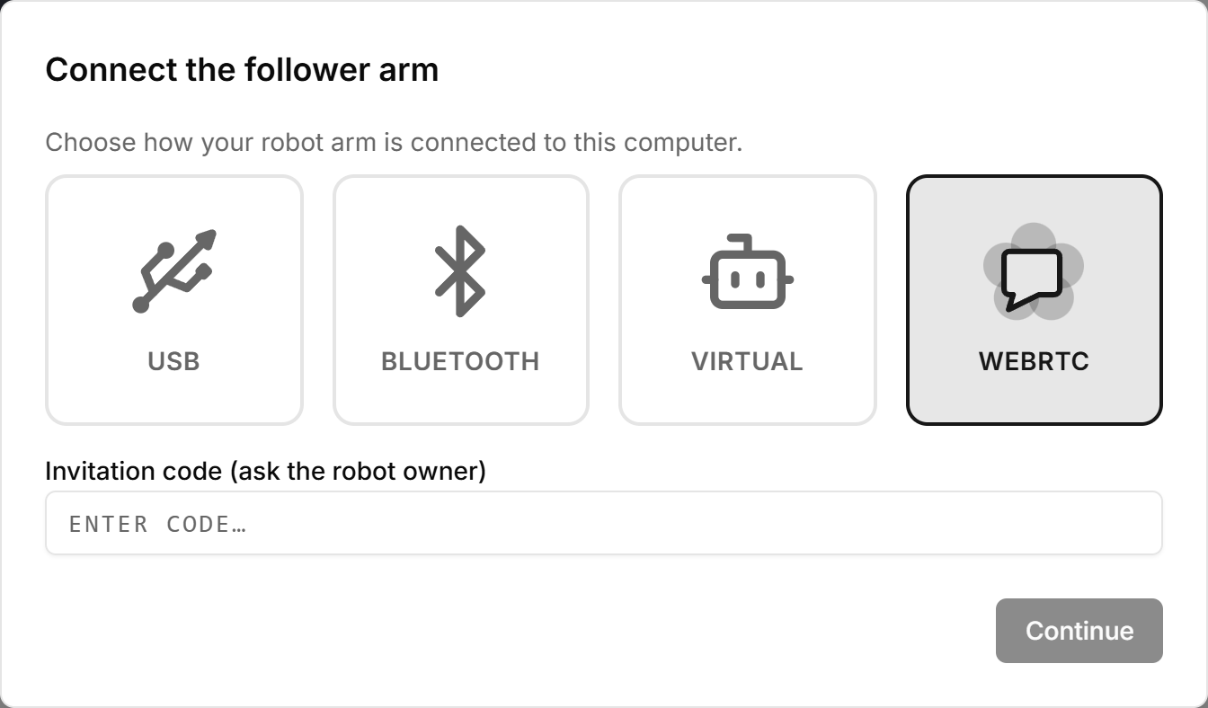 The connection dialog with WebRTC selected and the invitation code field