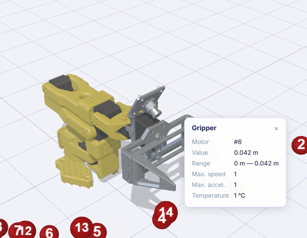 The 3D view of the SO-ARM101 with a joint tooltip showing live motor readings