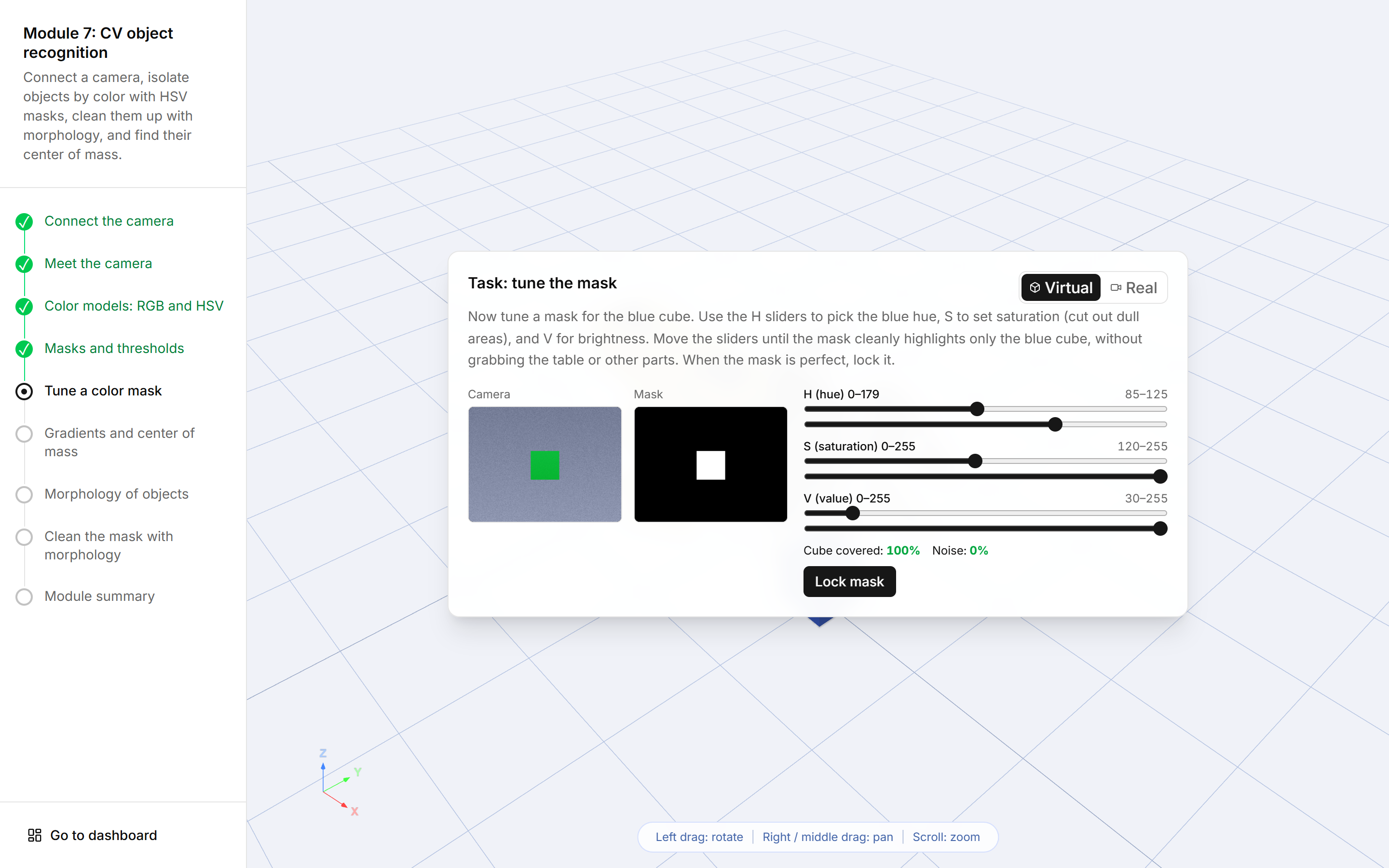 A lesson screen: the numbered step rail on the left and the current step with the 3D view on the right