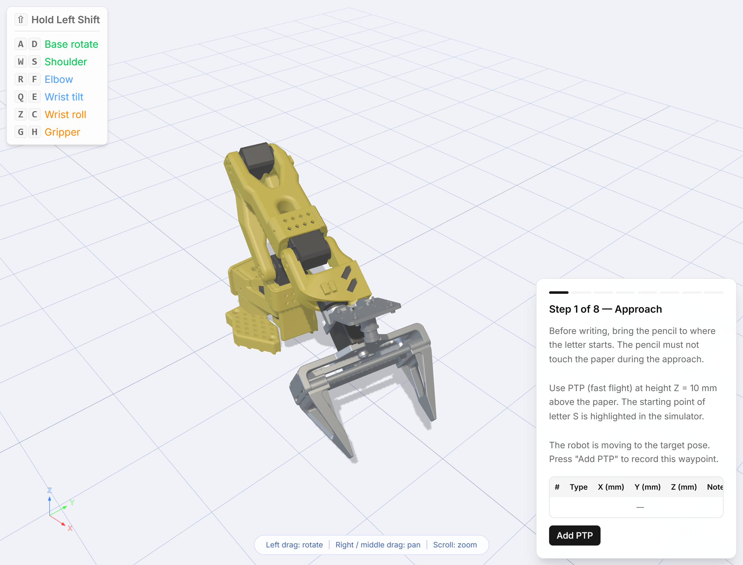 Module 6, step 1 of 8: the arm at the approach pose and the Add PTP button that records the waypoint