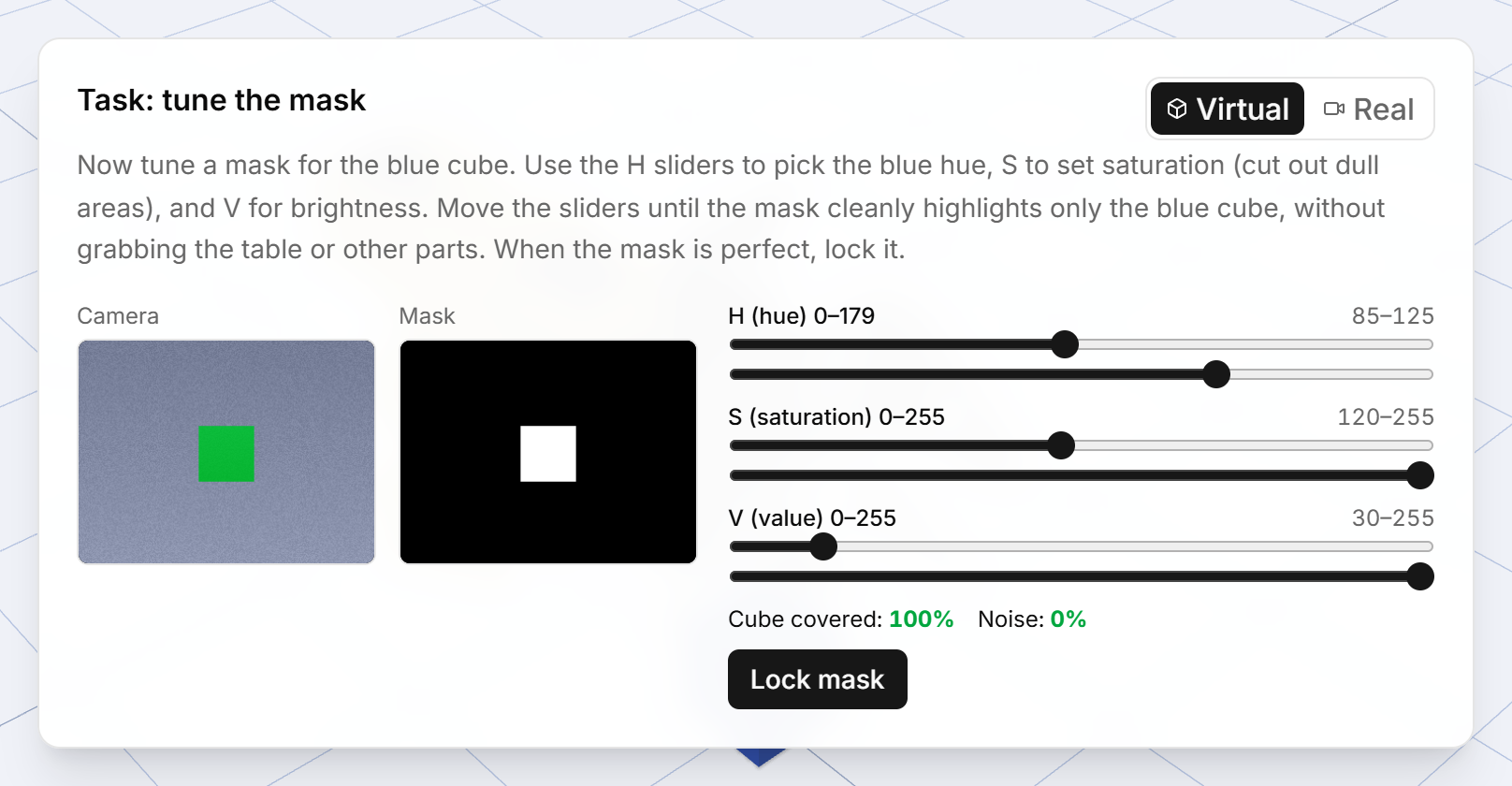Module 7: HSV sliders tuned so only the blue cube survives in the mask