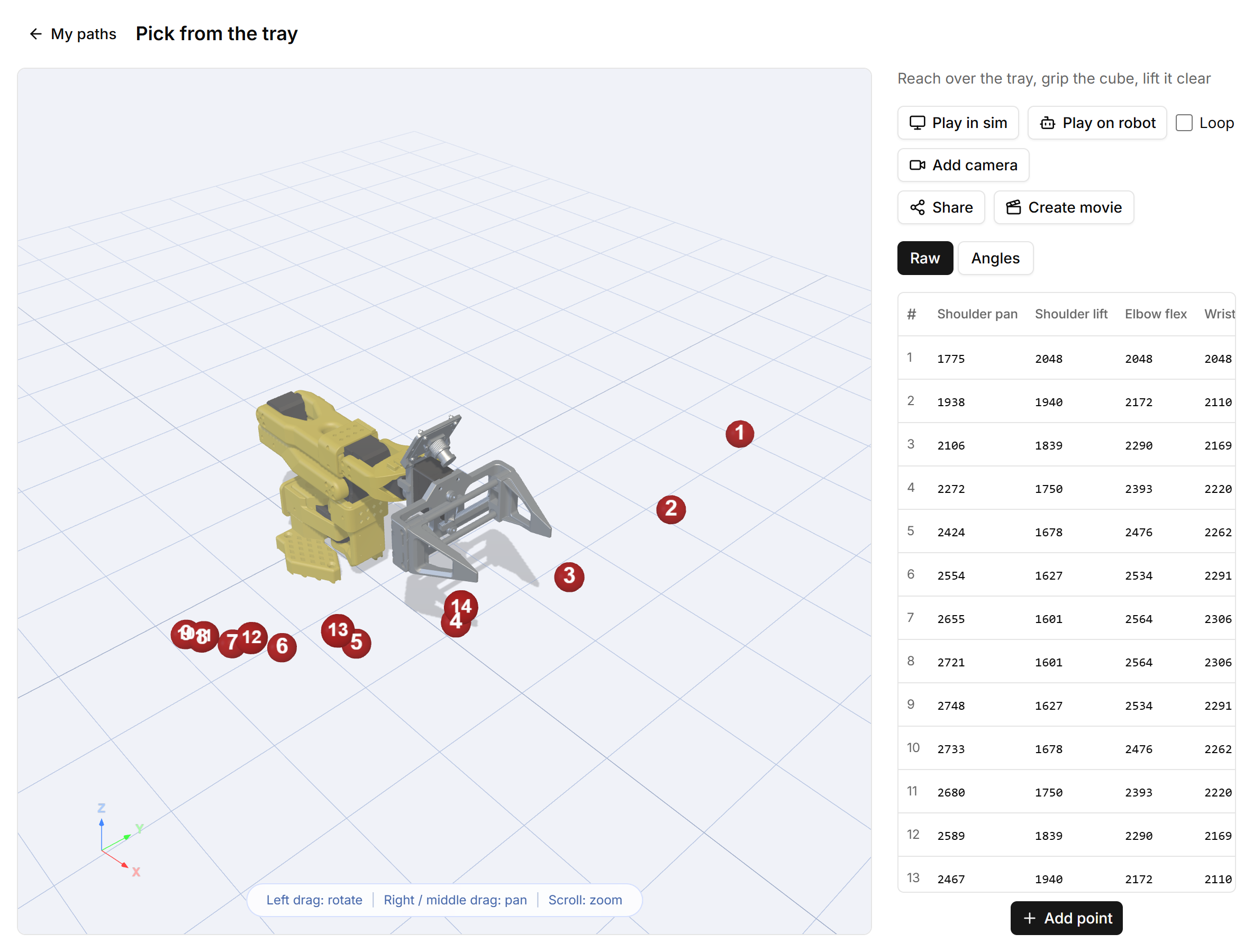 The path editor: the arm and numbered waypoints in the 3D view, play controls and the table of recorded points