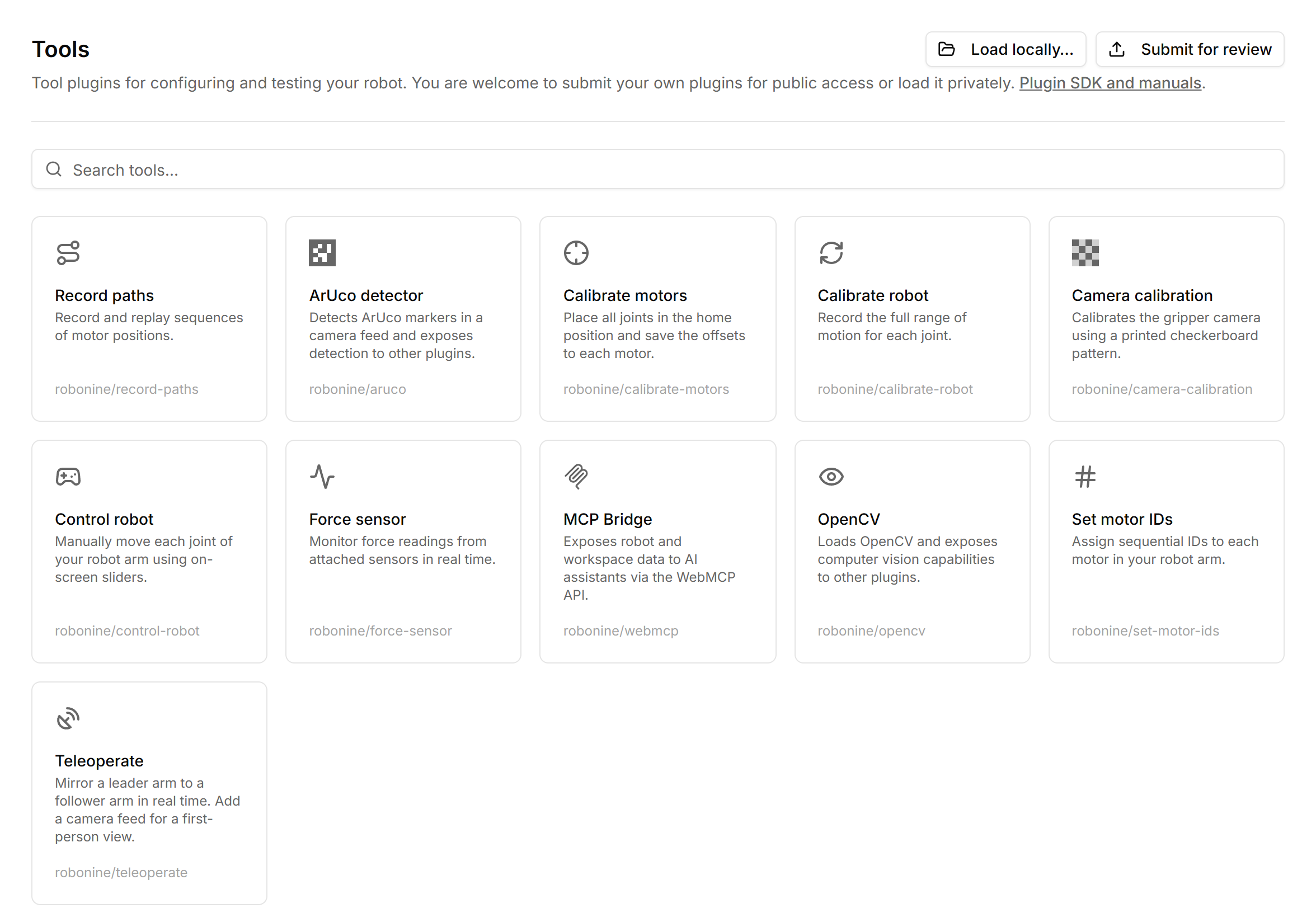 The Tools page listing Record paths and the plugin catalogue