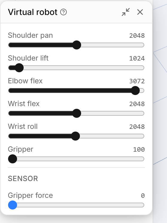 The floating Virtual robot panel with a slider and raw position for each joint and the gripper force sensor