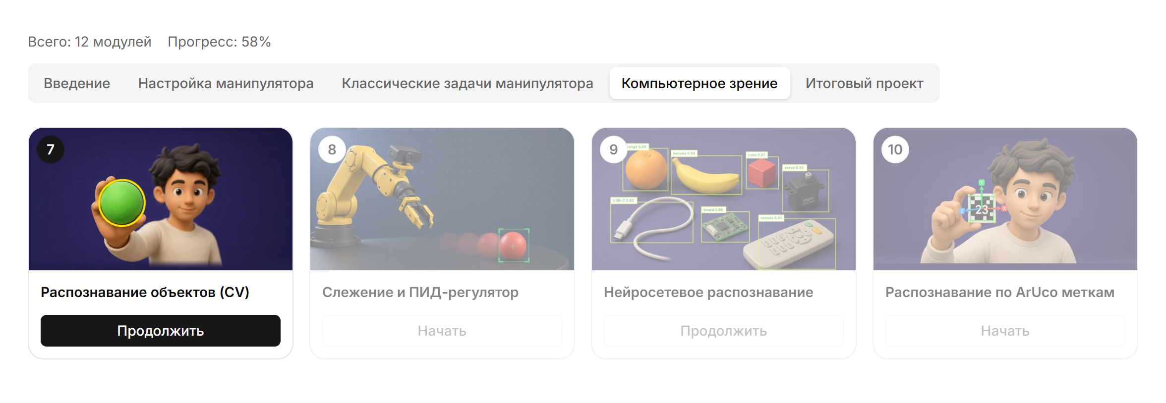 Дашборд Robonine Lab с общим прогрессом, вкладками разделов и карточками модулей