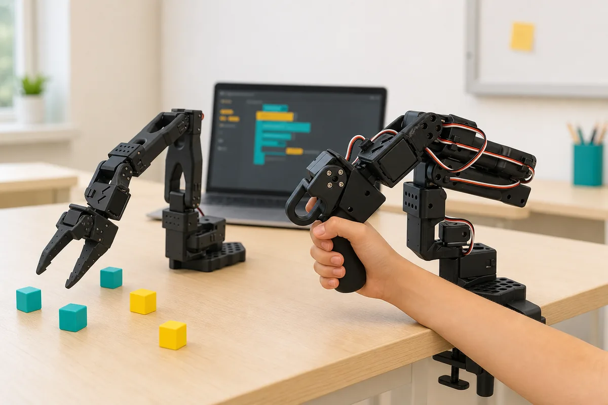 A pair of SO-ARM101 robot arms on a classroom desk — a hand drives the leader arm while the follower mirrors it
