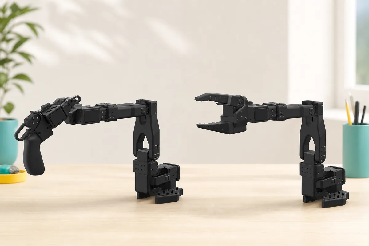 The SO-ARM101 leader and follower arms side by side — the pair used for teleoperation in class