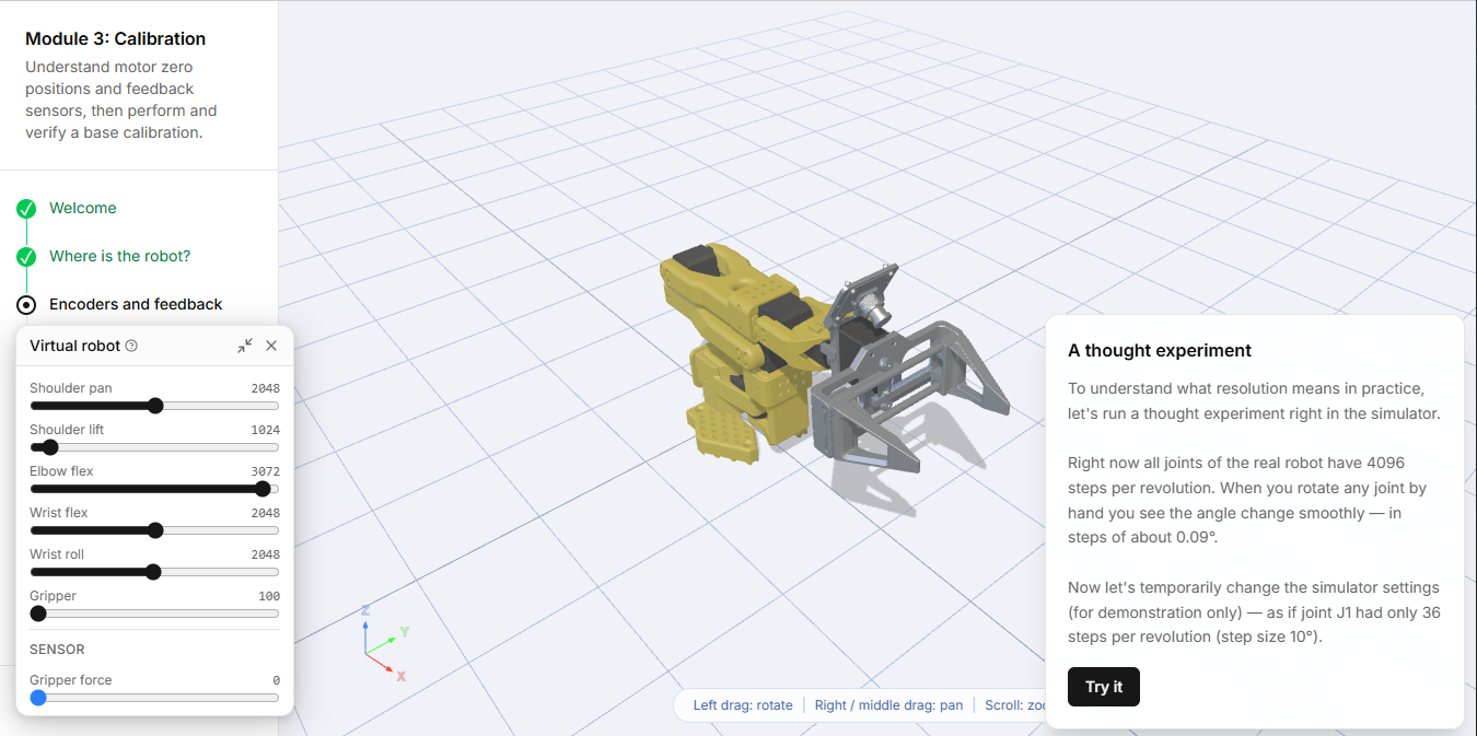 The Robonine Lab platform — a calibration lesson with a live 3D view of the robot arm
