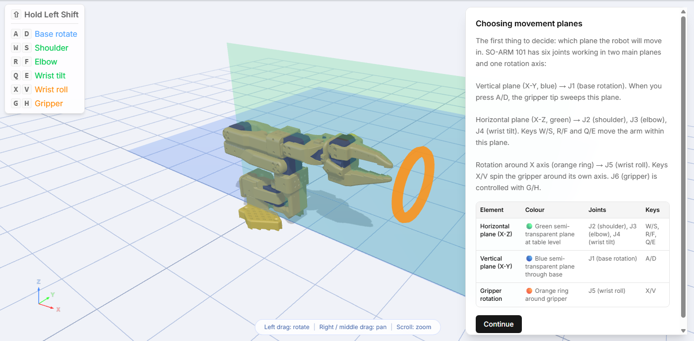 The Robonine Lab platform — a calibration lesson with a live 3D view of the robot arm