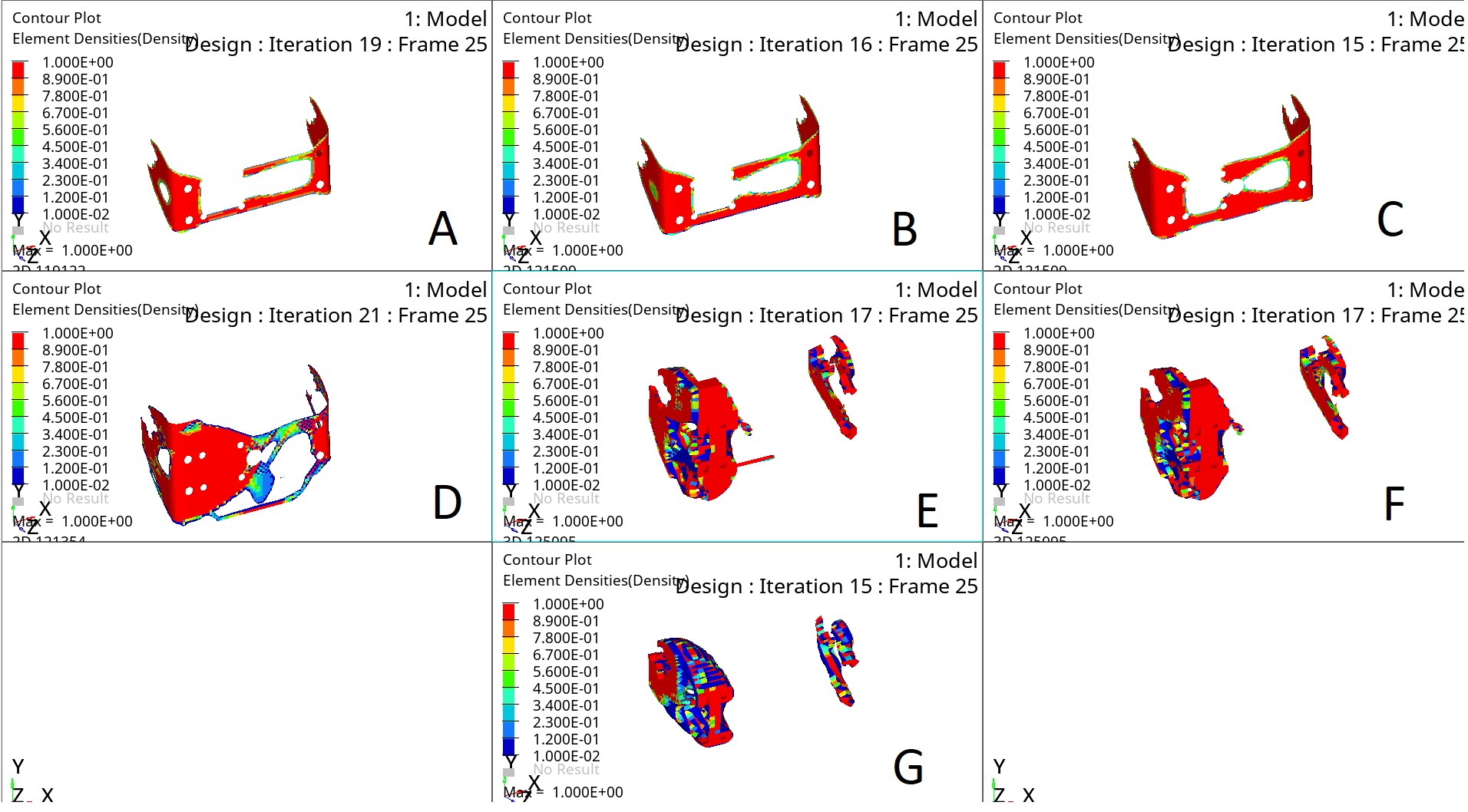 Figure 23 – Obtained optimization variants for the U-shaped steel bracket