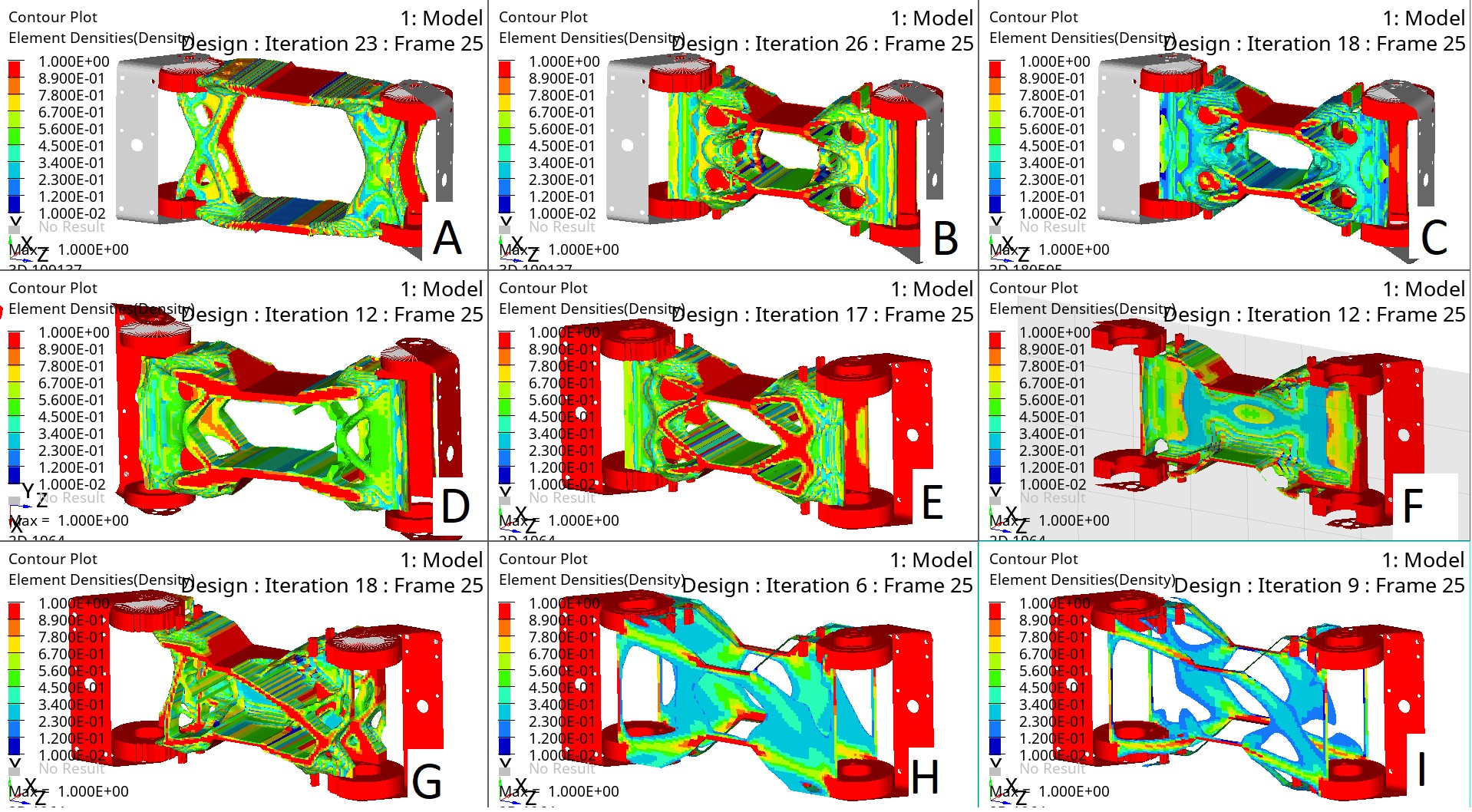 Figure 24 – Obtained optimization variants for the aluminum bracket