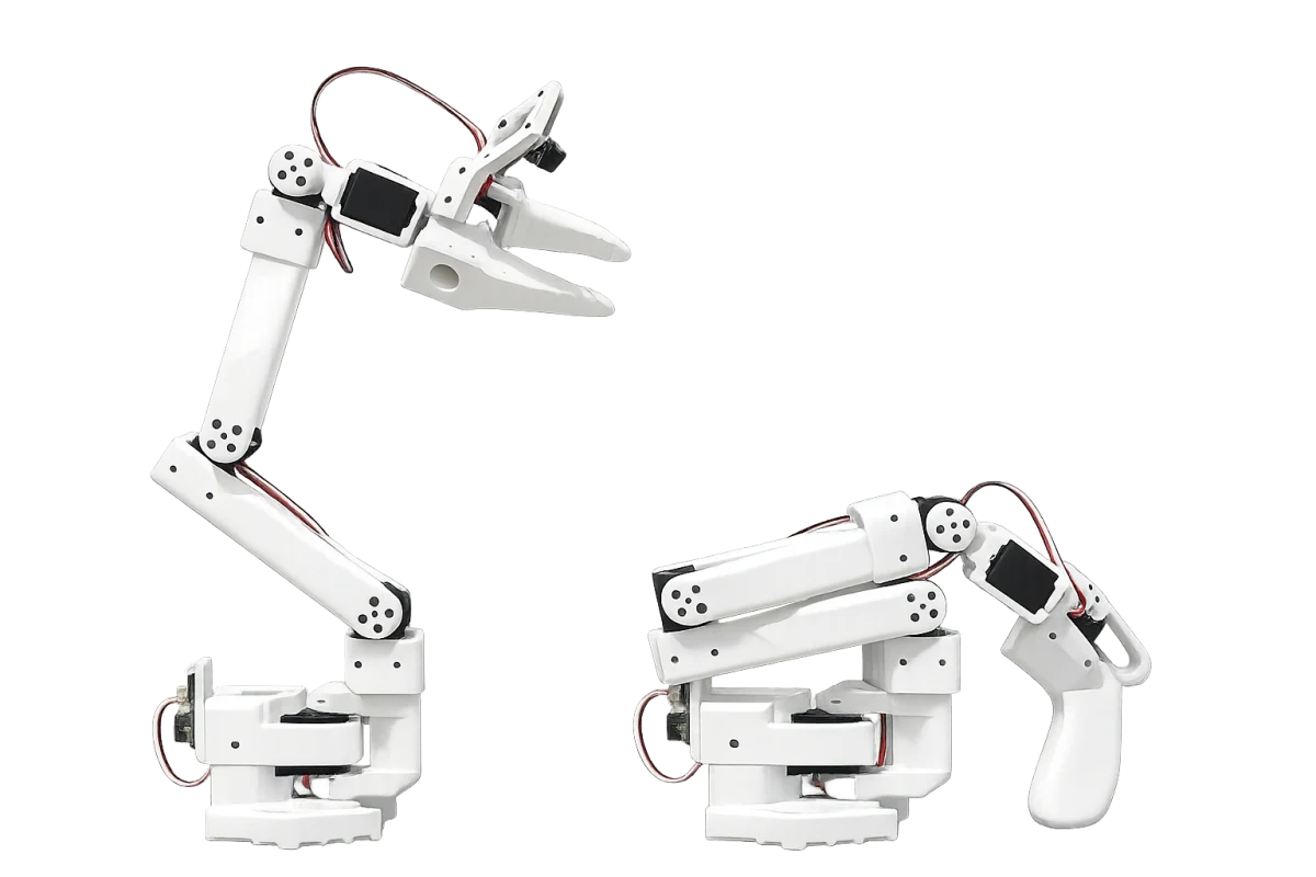 The white SO-ARM101 robot arm pair — the follower arm with a parallel gripper next to the hand-held leader arm