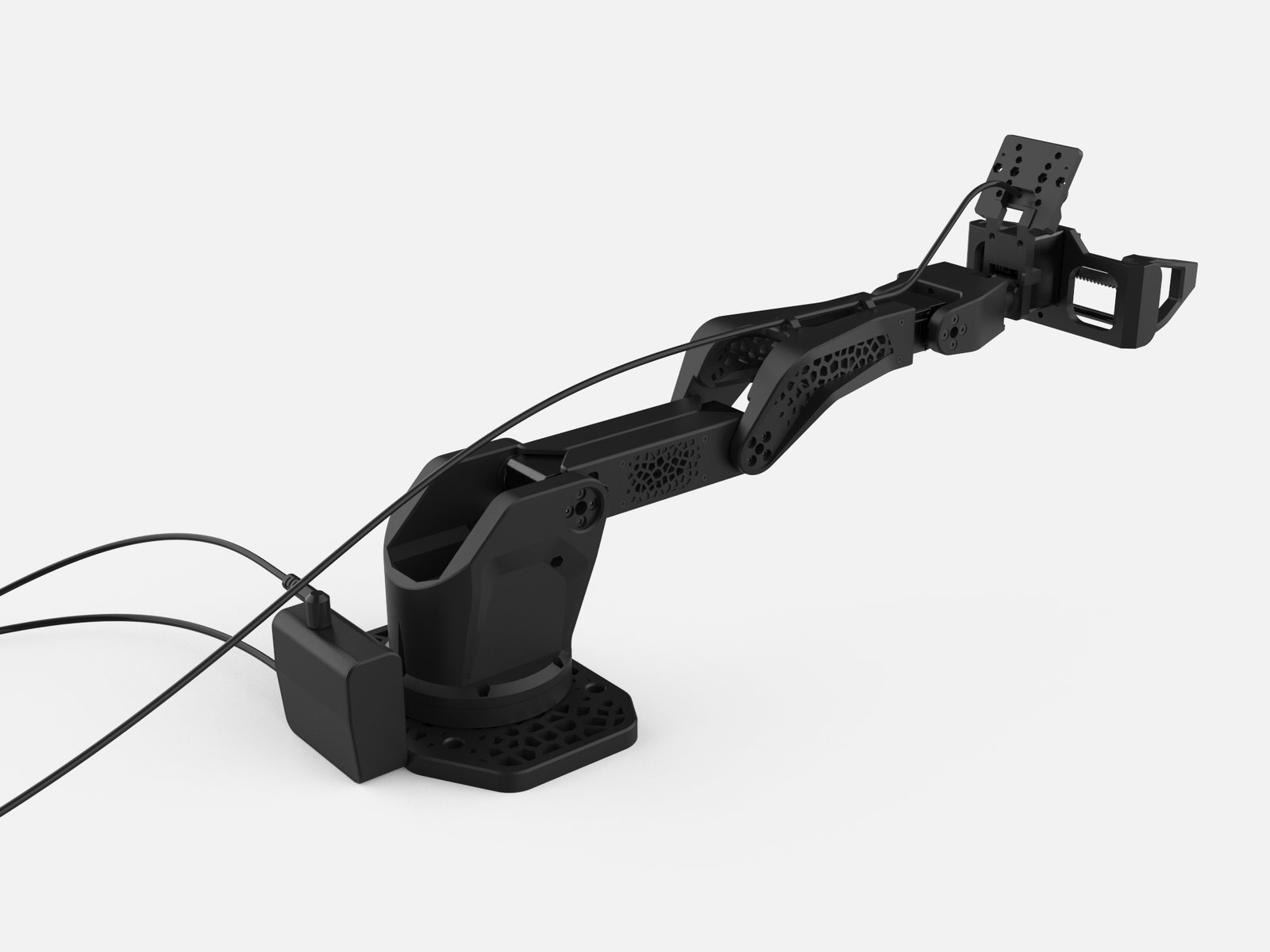 The follower arm reaching out, with a camera on the gripper.