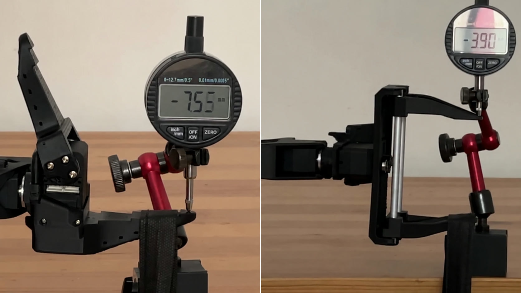 Dial gauge readings with 300 g at the gripper: 7.55 mm for SO-ARM101, 3.90 mm for SO-ARM102
