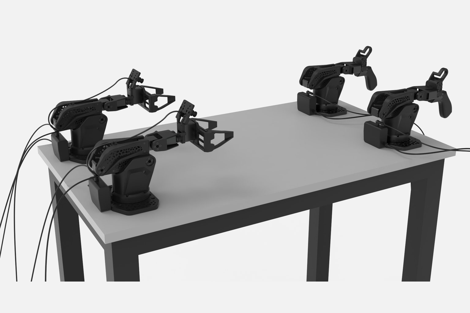 Two SO-ARM102 leader–follower pairs on a desk: a two-handed data-collection station