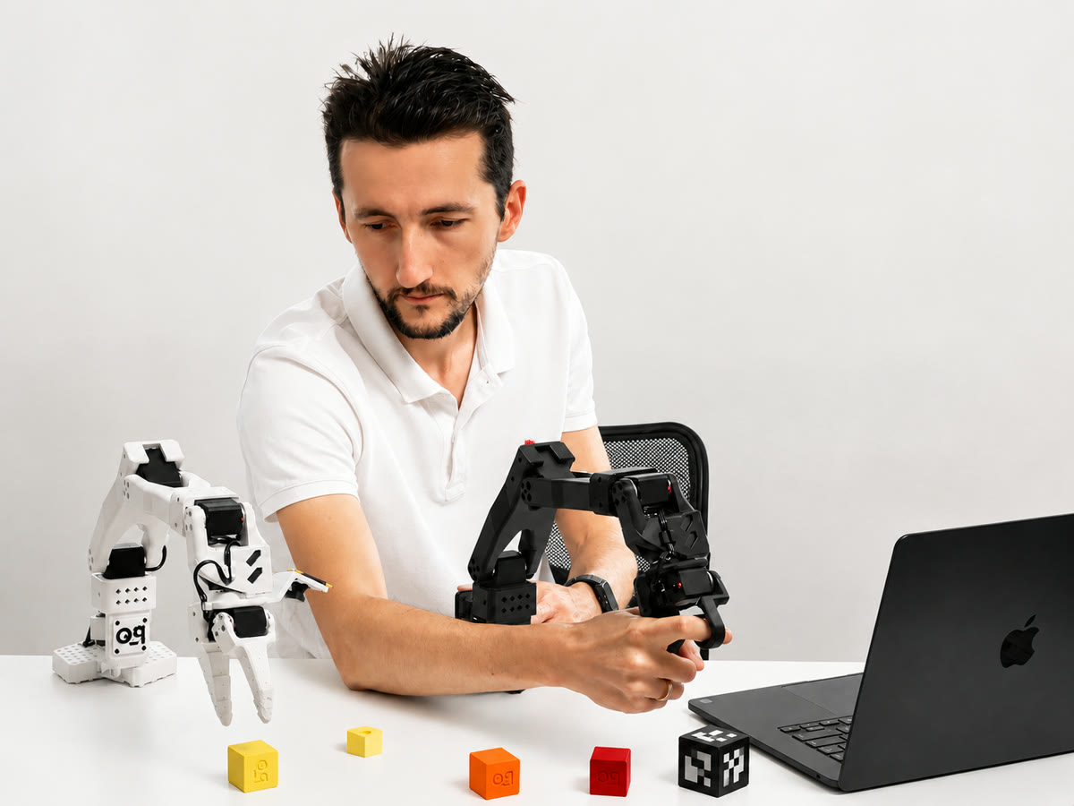 An adult student at a desk with the SO-ARM101 leader and follower arms