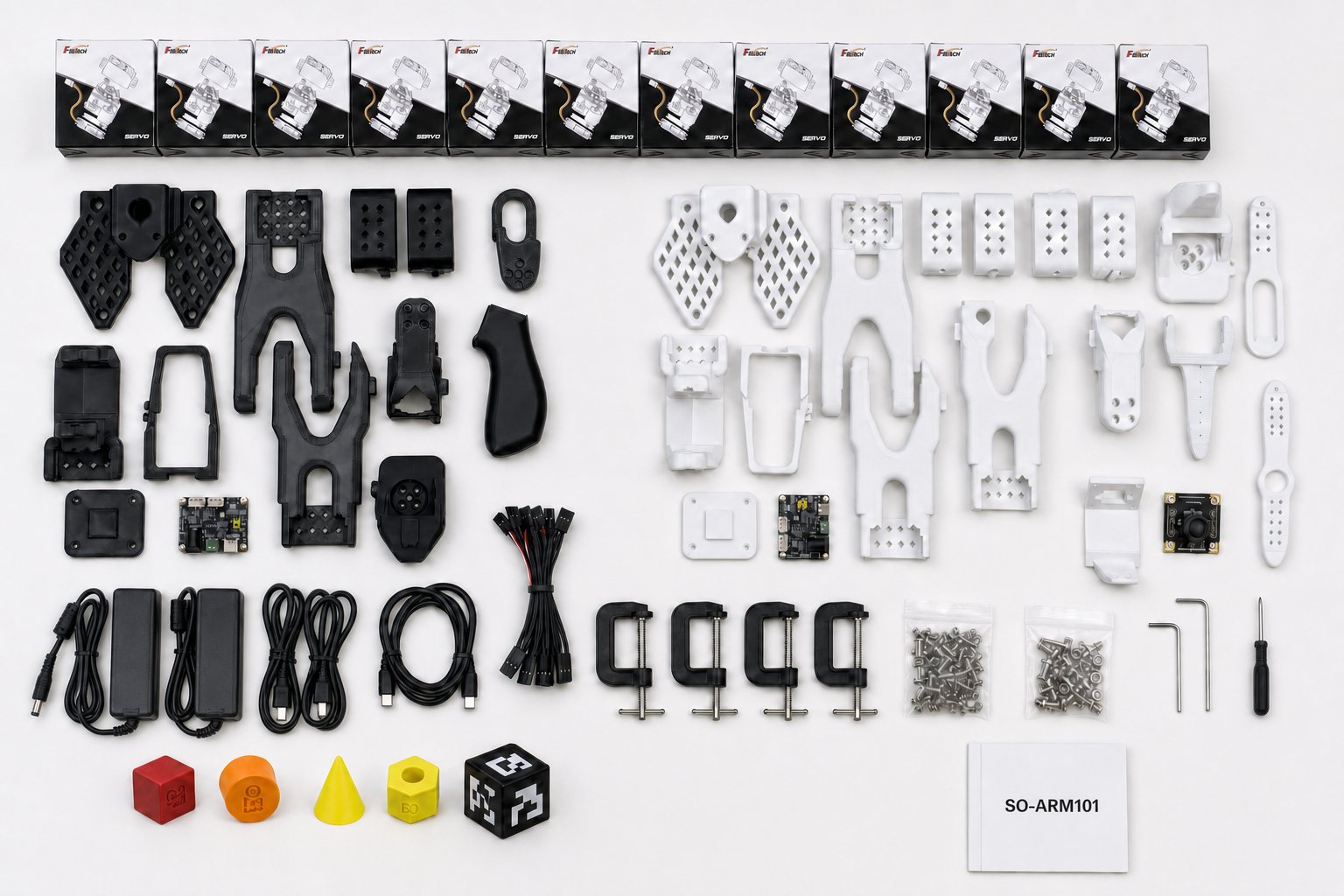 Everything in the black SO-ARM101 kit laid out: two arms, USB camera, power supplies, cables and clamps